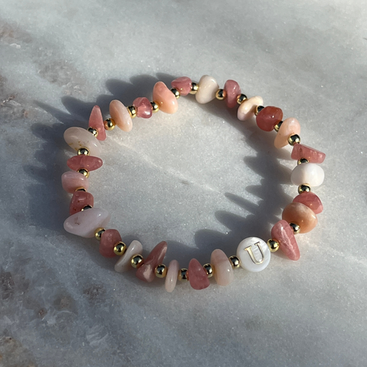 Rhodochrosite stretch bracelet with mother-of-pearl letters