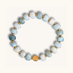 Aquamarin Armband, personalisiert, Buchstabenperlen, goldfarbener Edelstahl