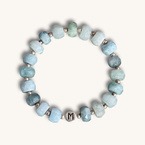 Aqaumarin Armband, personalisiert, Buchstabenperlen, Silber