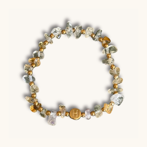 Armband aus Citrin, personalisiert, Buchstabenperlen, goldfarbener Edelstahl