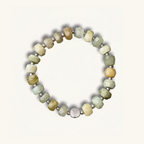 personalisiertes belonging bracelet mit grünen aquamarin edelsteinen und silbernen buchstabenperlen