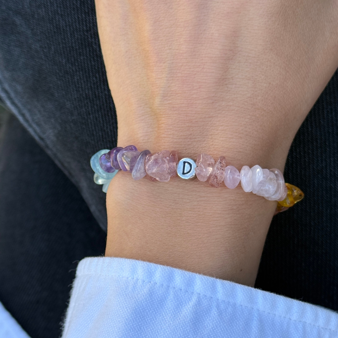rainbow armband aus Amethyst, Aquamarin, Bernstein, Fluorit, Citrin, Erdbeerquarz, Peridot und Rosenquarz